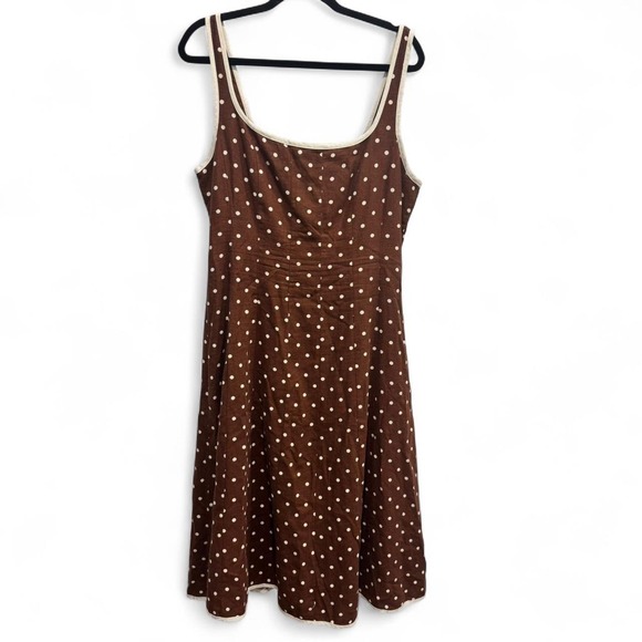 7 For All Mankind Brown Polka Dot Linen Blend Midi Dress Fit & Flare NWT Size L - Picture 1 of 9